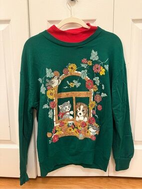 Cottage Core Green with cute animal Embroidered Illustration Crewneck Sweatshirt